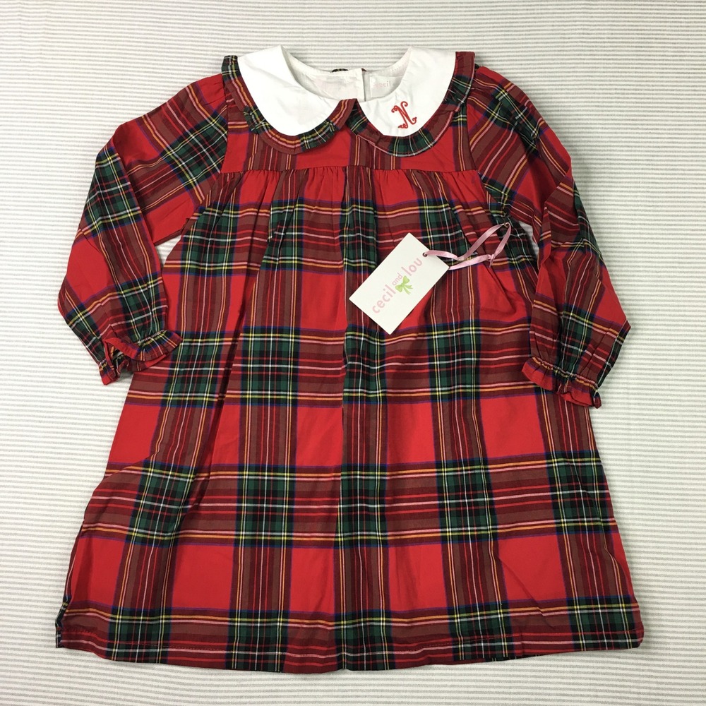 Cecil & Lou 4T Red Tartan Plaid Christmas Dress Monogram N Peter Pan Collar NWT
